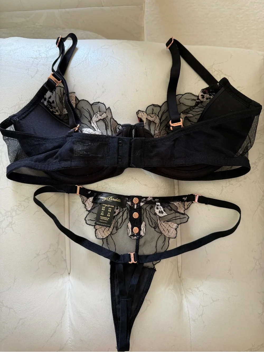 Honey Birdette Black Sheer Mesh Bra & Thong with Pink and Orange Embroidery - Picture 9 of 13